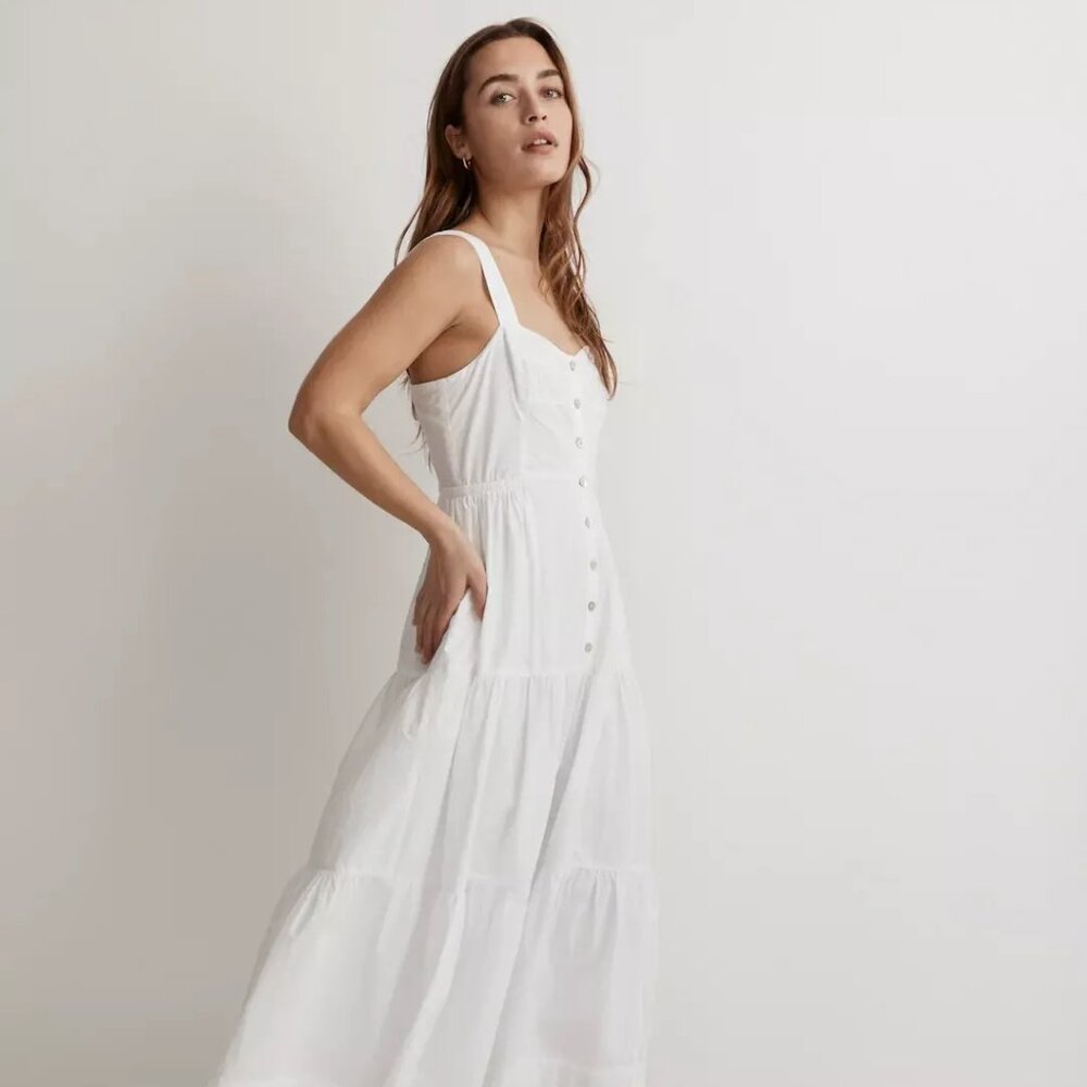 NWT $128 Madewell Button-Front Tiered Midi Dress White Cotton Poplin Sz 00
